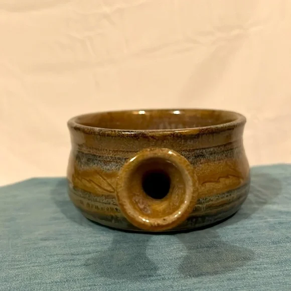Pottery Soup Stew Bowl with Flared Handle Small Brown & Blue Hand Built Art - Picture 5 of 8